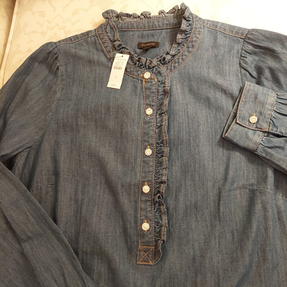 Talbots Wms Ruffle Collar Denim Popover Cotton Shirt Sparkle Buttons L NEW! $100 - Picture 3 of 13